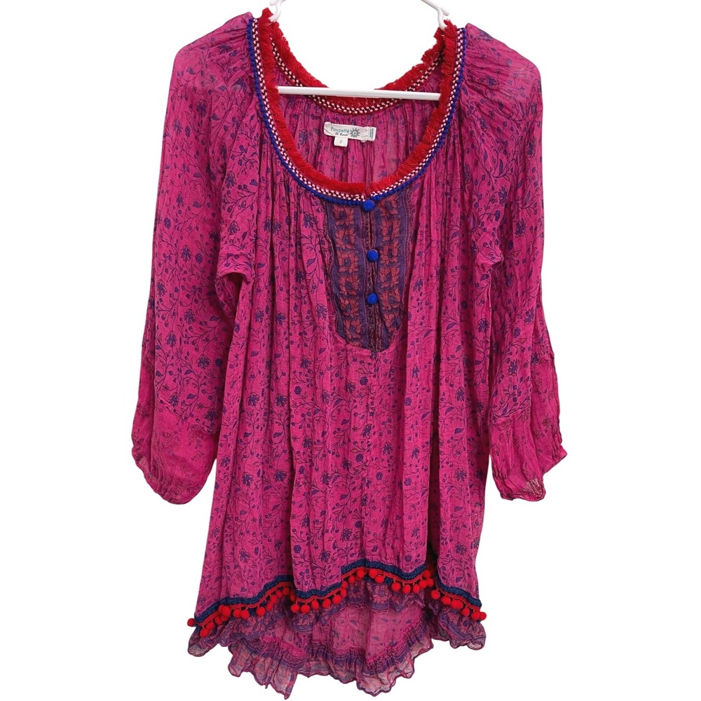 Poupette St Barth Pink Floral Boho Tunic Top Size 2 M Resort Swim Beach Coverup